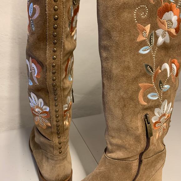 Sundance Suede Embroidered Boots Floral Over the Knee Western Country Cowgirl - Picture 4 of 9